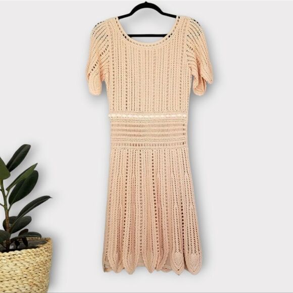 Temperley London Blush Peach Linen Cotton Blend Boho Cottagecore Crochet Dress 6 - Picture 2 of 15